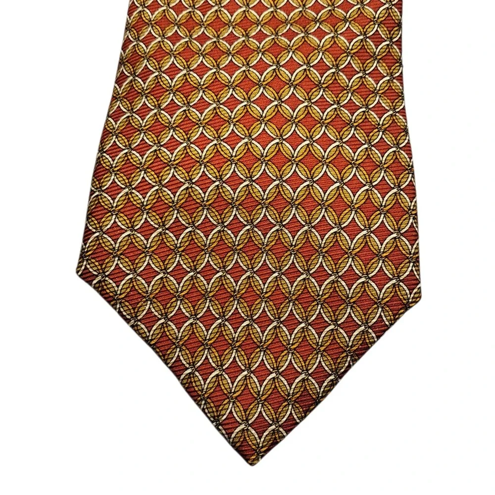Brooks Brothers Makers Silk Necktie Mens Red Gold Geometric Print Tie‎ Office